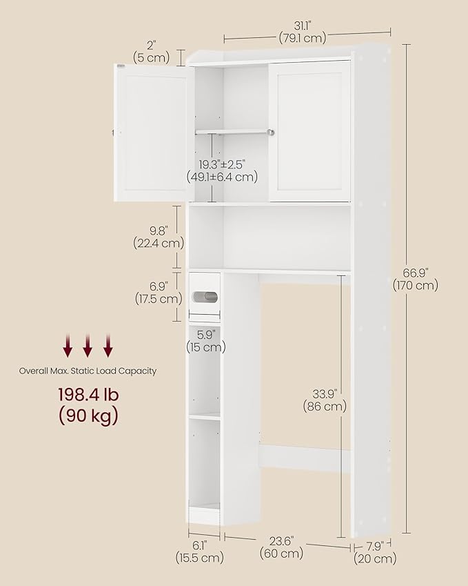 VASAGLE Over the Toilet Storage Shelf, Bathroom Storage Cabinet, Adjustable Shelves, Toilet Paper Holder, Space-Saving, Modern, 7.9 x 31.1 x 66.9 Inches, Cloud White UBTS018WH01S