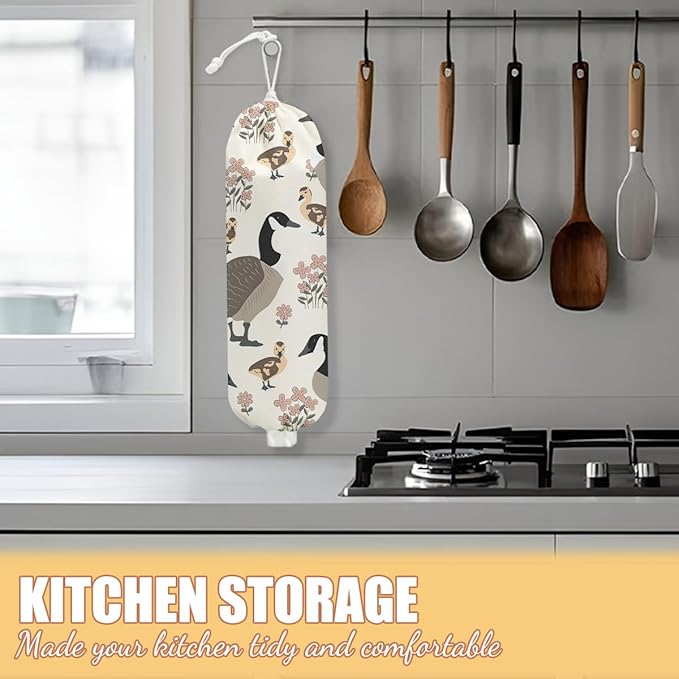 Duck Plastic Bag Holder, Wall Mount Grocery Bag Holder, Plastic Storage bag, Pull Rope Free Adjustment, Plastic Bag Holders for Grocery Bags, Plastic Bag Dispenser for Home Kitchen