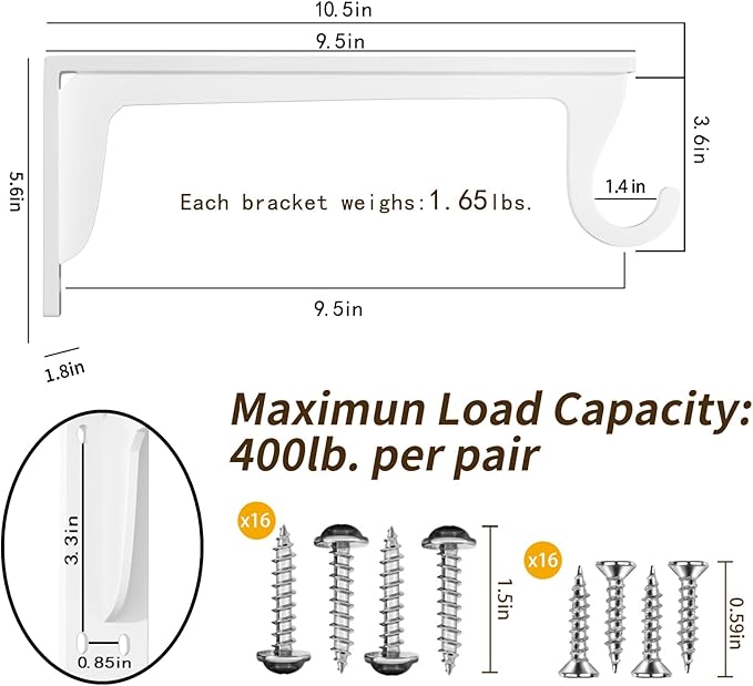 10 inch Closet Rod Bracket Support 400lb WYGWP Heavy Duty Closet Shelfs Support with Rod Holders, Wall Mounted Shelf Shelving Brackets with Hook for Wardrobe Walk-in Closet and Armoire(4pack White )