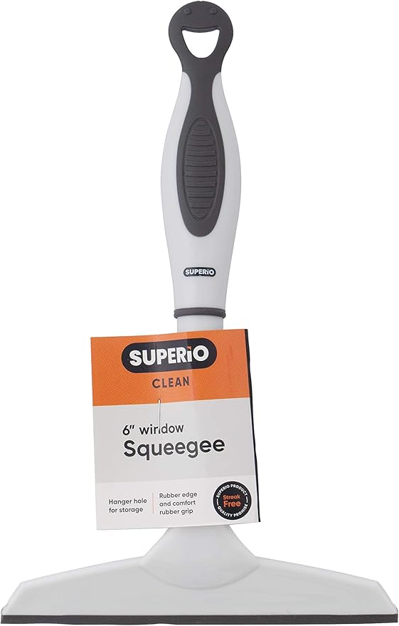 Superio Rubber Squeegee, Streak Free All Purpose Window Squeegee, Comfort Grip Handle and Hanging Hook (Grey, 6 Inch)