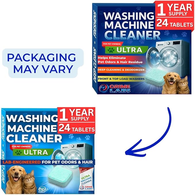 Washing Machine Cleaner Ultra – Pet Owners Edition | Deep Cleaning & Freshening | Removes Odors & Residue from Pet Laundry | Front & Top Load Washers HE Supported | 24 Tablets 1 Year Supply GRIME LABS