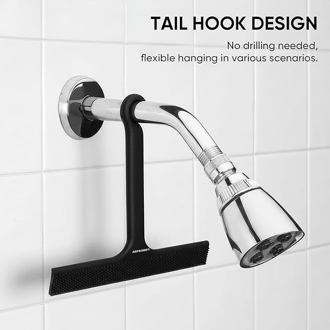 Shower Squeegee for Shower Glass Door Bathroom Accessories, Dual Head Wiper Cleans Water & Hair, Silicone Blade, Non-Slip Long Handle, Glass Window Door Wall Tile Cleaner