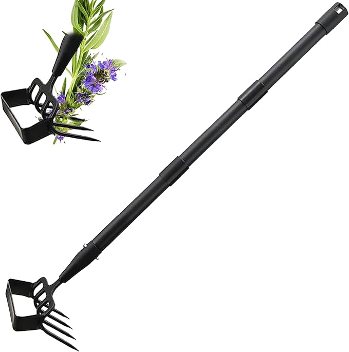 INFLATION Heavy Duty Metal Gardening Weed Puller Tool 4 Tines Prong 2-in-1 Herb Stripper Yard Rake for Women Kids Men Garden Grandpas Weeder 32-62 inch Long Adjustable Handle