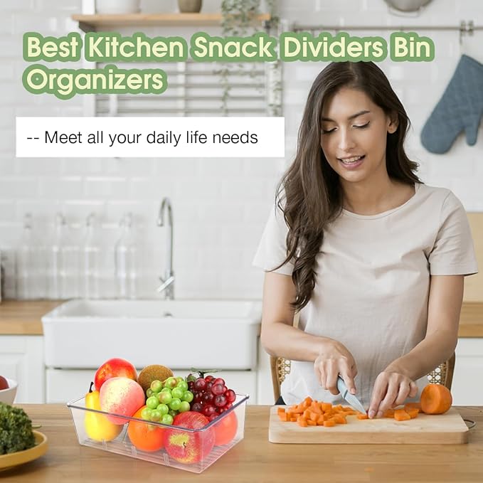 Snack Organizer for Pantry Shelf, 6 Pack Clear Plastic Pantry Storage Bins with 3 Dividers for Snacks, Spices, Chips Food Organizer, Stackable Pantry Organizers for Kitchen, Fridge, Cabinet