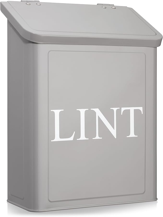 Calindiana Modern Farmhouse Metal Magnetic Lint Bin for Laundry Room Decor and Accessories with Lid and Laundry Room Organization and Storage Wall Mount Space Saving Washer and Dryer Trash Can (Grey)