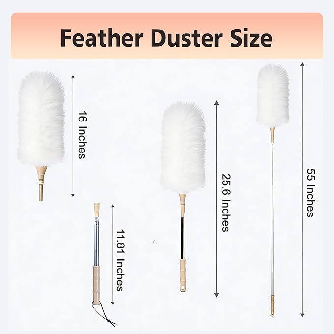 Lambswool Duster Extendable 22–55 Inch Natural Wool Duster with Flexible Head for Ceilings Furniture Blinds Electronics Washable Reusable White
