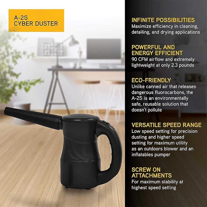 XPOWER A-2S Cyber Duster Electric Air Duster for Dusting, Drying, Inflating, Blowing, Car Detailing, Computer, Leaf Blowing, 90 CFM, 2 Nozzles + 1 Brush, High Performance Motor, Eco-Friendly, Black