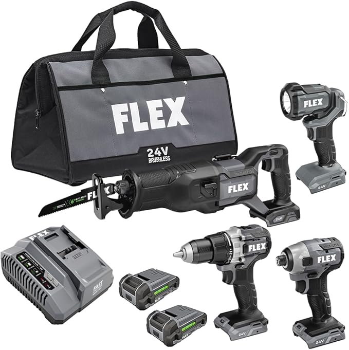 FLEX 24V Brushless Cordless 4-Tool Combo Kit: Drill Driver, Impact Driver, Reciprocating Saw, Work Light with (2) 2.5 Ah Lithium Batteries and 160W Fast Charger - FXM401-2A
