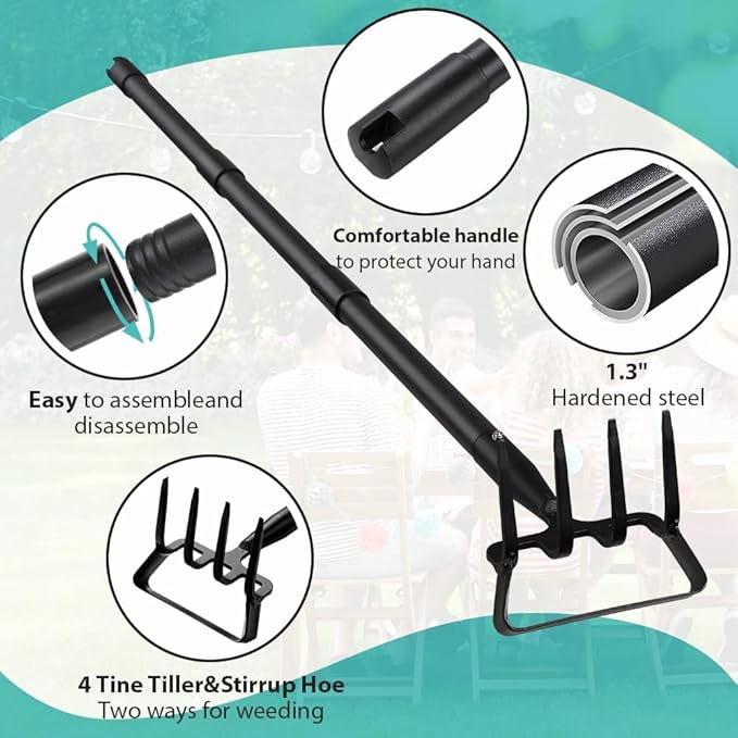 Ihomepark Garden Hoe, Stirrup Hoe with Adjustable Handle for Weeding Digger loosening Soil Metal Garden Cultivator Hoe with Rake Tiller Cultivator (30-62 Inch)