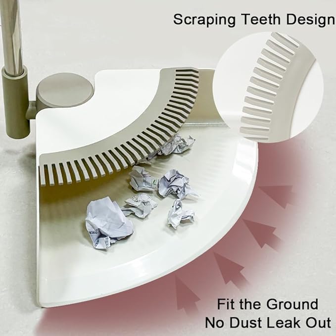 Triangular Indoor Broom and Dustpan Comb Set, 180° Rotating, Soft Bristle Long Handle Upright Sweeping Angled Broom with Self-Cleaning Teeth for Home, Kitchen, Office, Wood Floor (White Gray)