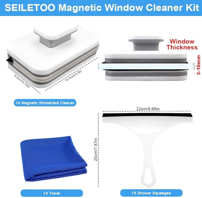 2025 New Magnetic Windshield Cleaner Tool Set, SEILETOO Car Window Cleaner Magnetic Tool, Double-Sided Window Cleaner Glass Wiper for High Rise Car Glazed