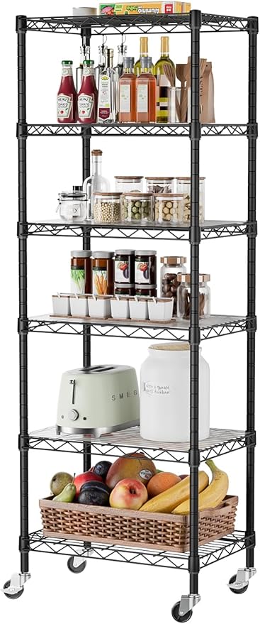 SINGAYE 6 Small Shelf Storage Wire Shelves Closet Bathroom Organizers Metal Pantry Kitchen Garage Shelving Unit Laundry Room Organization Home Narrow Rack Net Basket with Wheels Black