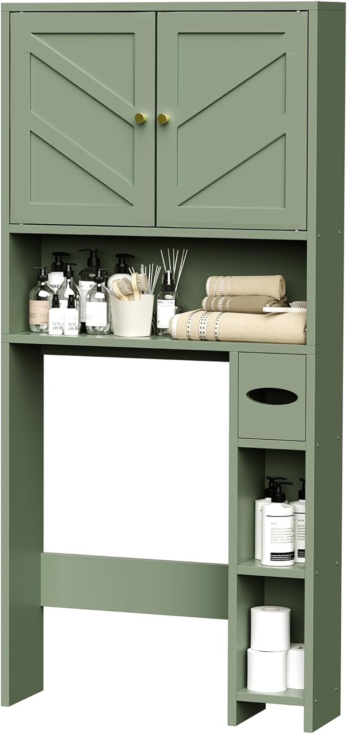 Meilocar 65.4" Over the Toilet Storage Cabinet, 29.1" Wide Bathroom Organizer with Toilet Paper Holder & Adjustable Shelf, Freestanding Space Saving Cabinet for Apartment, Laundry, Green