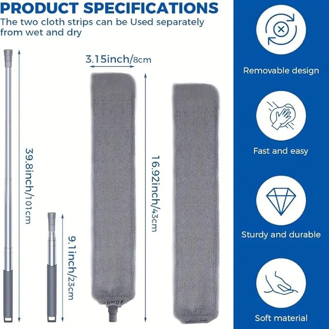 Boolavard Retractable Gap Dust Cleaner Cleaning Tools with 2 Microfiber Dusting Cloths Long Handle 60inches Washable and Retractable Duster Brush for Cleaning Under Appliances Furniture Couch Fridge