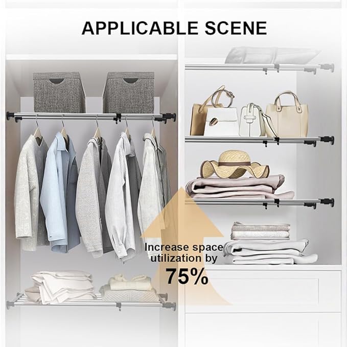 Hershii Expandable Closet Tension Shelf Rod Adjustable Metal Storage Rack Cabinet Organizer DIY Divider Separator Shelves for Wardrobe Cupboard Kitchen Bathroom, Black, 23.62-31.5inches