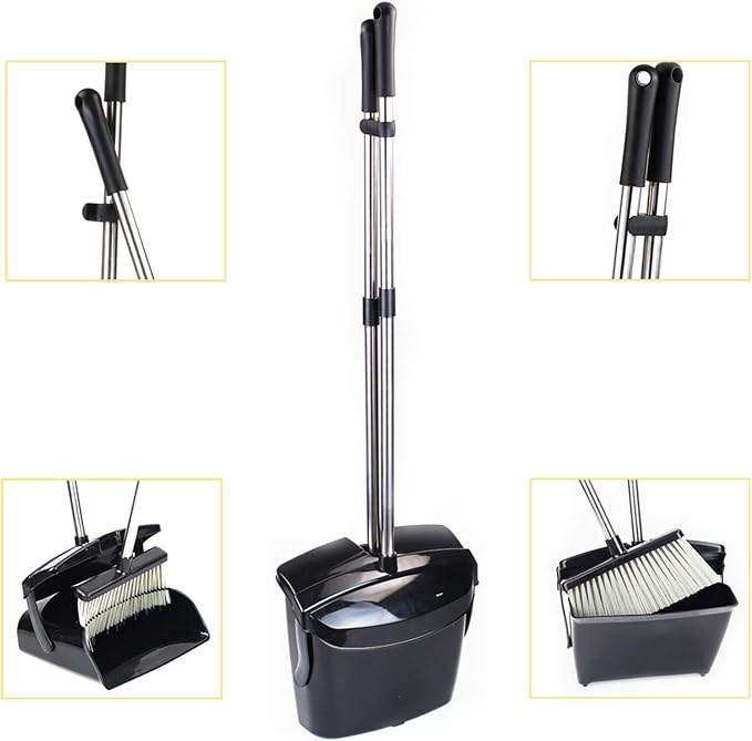 Broom and Dustpan Commercial Long Handle Sweep Set and Lobby Broom Upright Grips Sweep Set with Home Kitchen Room Office and Lobby Floor Black