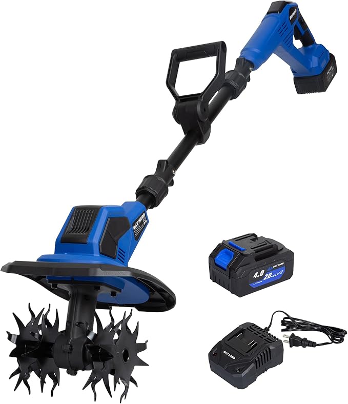 BILT HARD 20V Cordless Tiller Cultivator, 8.7'' Working Width Battery Powered Garden Cultivator, 300RPM Electric Tiller for Lawn, Gardening, Soil Cultivation (4.0AH Battery and Charger Included)