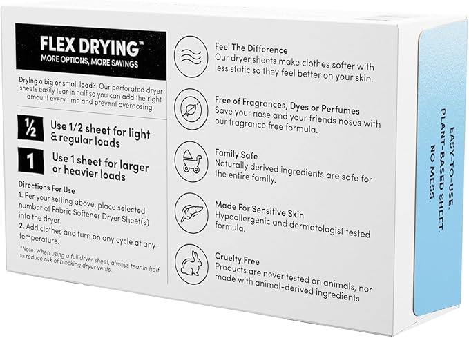 Clean Revolution Natural Fabric Softener Dryer Sheets, 80 Sheets, 160 Loads, Fragrance Free For Sensitive Skin, Made in the USA