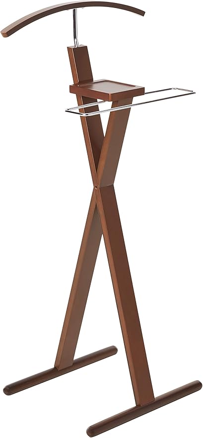 Proman Products Josh Freestanding Wooden Valet Stand Organizer with Tray, Hanger, Trouser Bar, Walnut