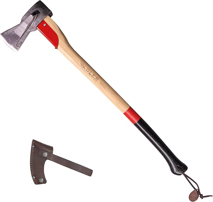 Adler - The Long Splitter, 31.5 inch Anti-Slip Hickory Handle, Leather Sheath, Splitting Axe for Rounds up to 10'', 4.4 pound Head, German Made