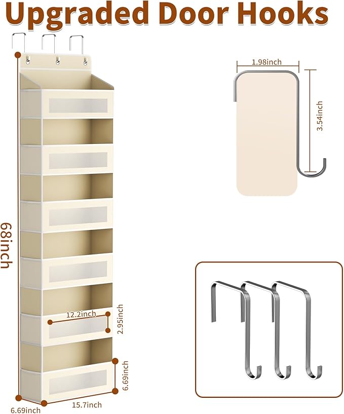 Over The Door Organizer with 6 Large Pockets, Over the Door Storage 12 Side Pockets, Hanging Door Organzier 44 lb Load Behind Door Storage Hanging Shelf for Closet Wall Bathroom Nursery, 6-Tier Beige