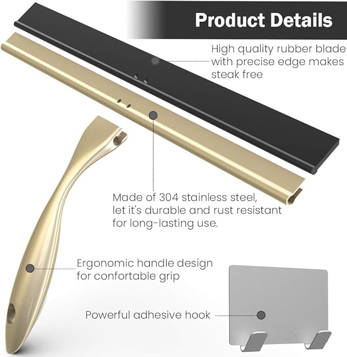 Shower Squeegee with Self Adhesive Hook, 14 Inches Stainless Steel Squeegee Cleaner, All-Purpose Window Scraper for Bathroom Doors, Mirror, Windows and Car Glass, Light Gold