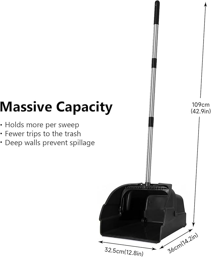 Jumbo Commercial Dustpan with Wheels & Comb Teeth - Heavy Duty Rolling Debris Pan - Long Handle Extra Large Upright Dust Pan for Industrial Warehouse Garage Restaurant Sidewalk Outdoor - Black