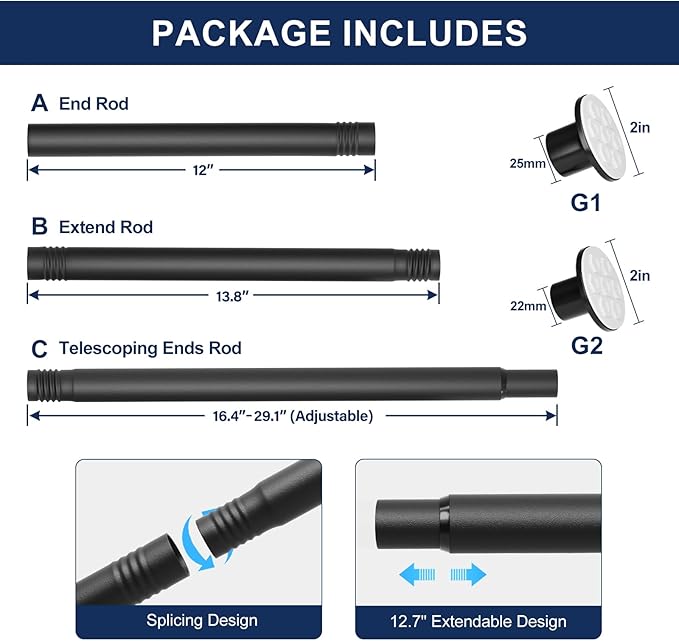 No Drilling Closet Rod, 27.5-82 Inches Hanging Closet Rod for Clothes, Closet Bar & Pole Heavy-duty, Closet Rods for Hanging Clothes For Closet Wardrobes Bathroom Laundry RV Curtains, Black