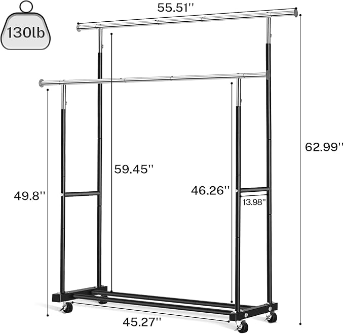 VICERII Double Clothing Rack, 130LB Capacity Heavy Duty Garment Rack with Wheels and Bottom Shelf, 55.51 Inch Long Rolling Clothes Racks for Hanging Clothes, Black