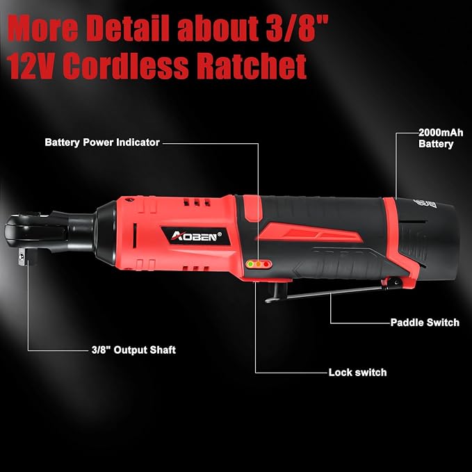 AOBEN Cordless Ratchet Wrench Kit,3/8" ratchet,40 Ft-lbs Electric Power Ratchet Set with Variable Speed Trigger,2 Packs 2000mAh Lithium-Ion Battery And Charger,83 Sockets