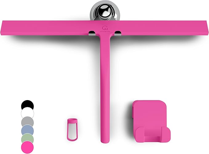 GÜTEWERK Silicone Shower Squeegee for Glass Doors & Mirrors with Stainless Steel Core, Streak-Free & No-Squeak Window Cleaning, 3-in-1 No-Drill Mount (Hook/Suction/Adhesive),Pink, 15 Inches