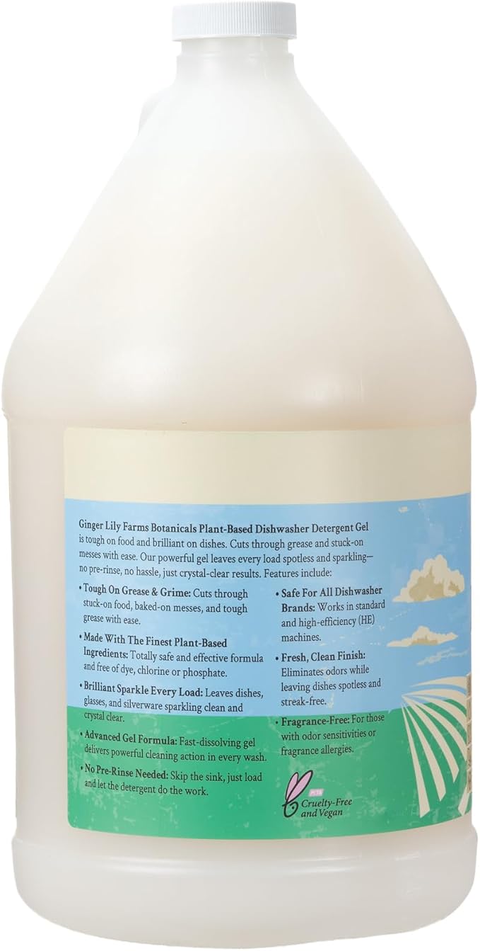 Ginger Lily Farms Botanicals Plant-Based Dishwasher Detergent Gel, 100% Vegan & Cruelty-Free, Fragrance-Free, 1 Gallon (128 Fl Oz) Refill