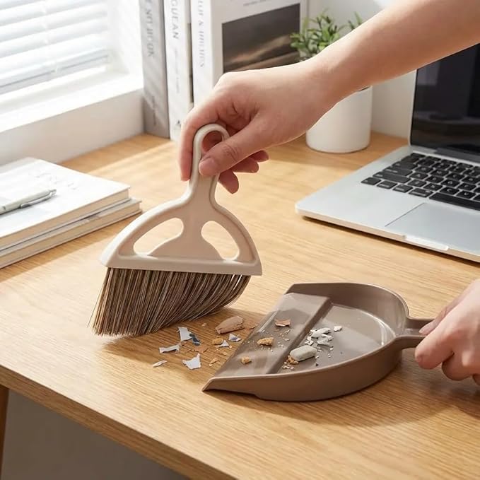 Mini Broom and Dustpan Set, Small Handheld Broom and Dustpan for Desk, Clip-On Hand Brush for Keyboard, Car Interior, Countertop, and Cat Litter Cleaning, Brown