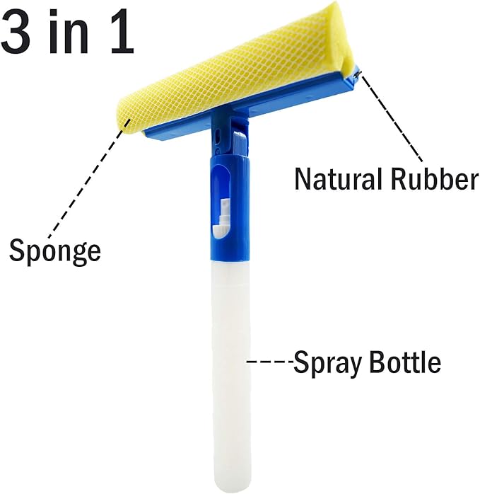 Car Window Cleaner Squeegee with Sponge and Rubber Blade Cleaning Tool Wiper with Spray Bottle 3 in 1 Multipurpose | for Indoor and Outdoor, Home, Car Window, Glass (2 Pack)