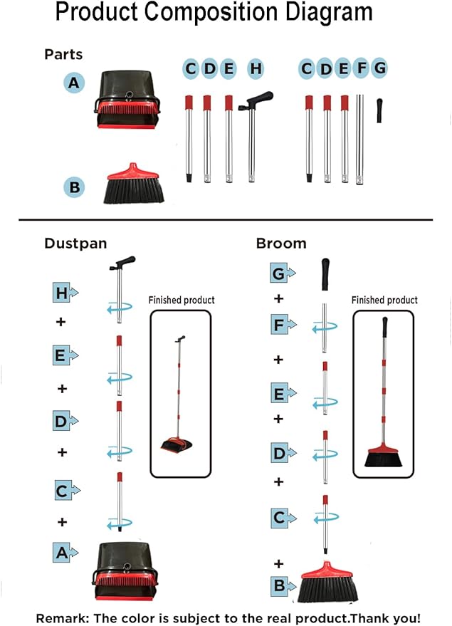 Broom and Dustpan Set, Stand Upright Windproof Dustpan, Long Handle Broom and Dustpan with Teeth for Home Kitchen Room Office Lobby Floor Cleaning (Black+Red)