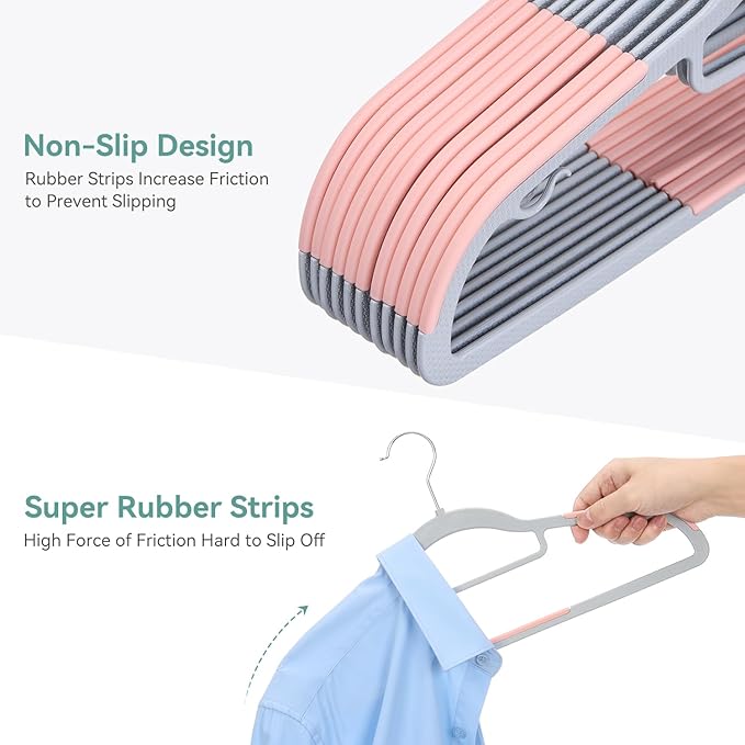 Tonswachic Pack of 50 Coat Hangers, Space-Saving Plastic Clothes Hangers, Non-Slip, 0.2 Inches Slim, 360° Swivel Silver Hook for Shirts, Pants, Suit & Wet/Dry Garments, Pink and Dark Gray