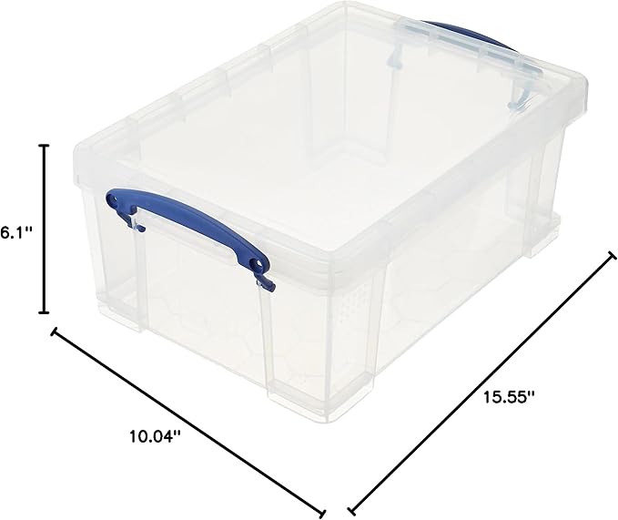 Really Useful Box Stackable 9 Liter Plastic Storage Container Bin with Snap Lid and Built-In Clip Lock Handles for Home & Office Organization (4 Pack)