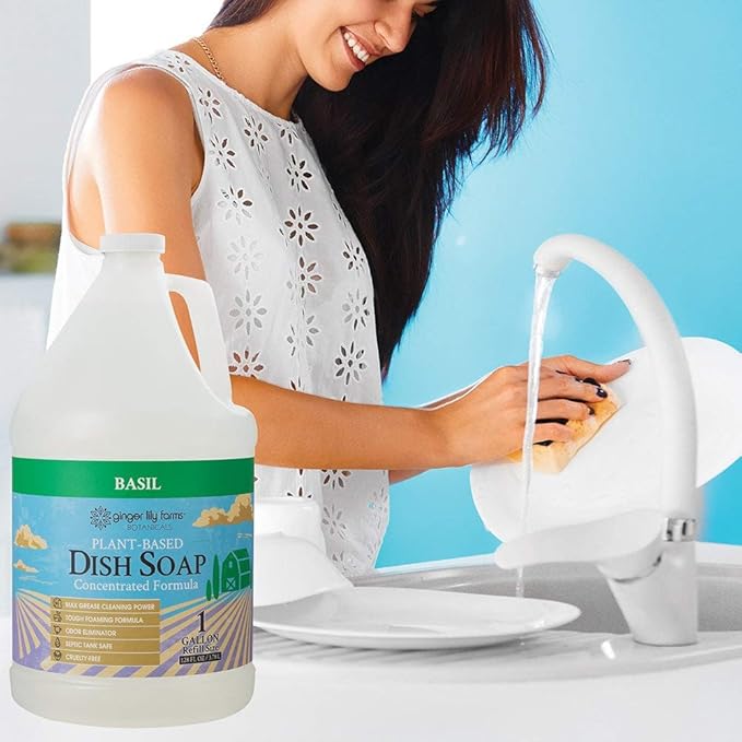 Ginger Lily Farms Botanicals Plant-Based Liquid Dish Soap, Concentrated Formula with Max Grease Cleaning Power, Cruelty-Free, Basil Scent, 1 Gallon Refill (128 Fl. Oz.) (Pack of 4)