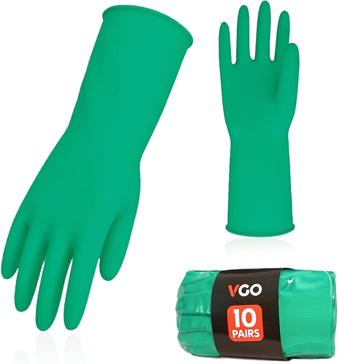 Vgo... 10-Pairs Reusable Household Gloves, Rubber Dishwashing gloves, Extra Thickness, Long Sleeves, Kitchen Cleaning, Working, Painting, Gardening, Pet Care (Size M, Green, HH4601)