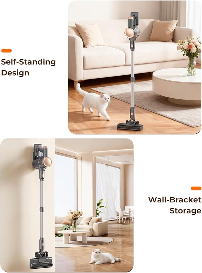 N8 Cordless Vacuum Cleaner,Lightweight Stick Vacuum with Powerful Suction,2200mAh Battery, 40 Mins Runtime,Self-Standing,Rechargeable Vacuum Cleaners for Home Hardwood Floor Carpet Pet Hair (Honey)