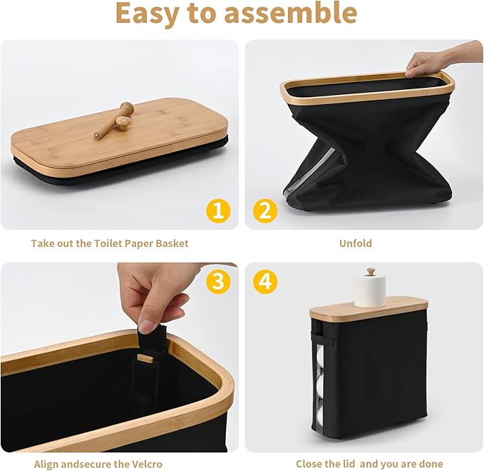32L Bathroom Toilet Paper Storage Basket with Lid and Handle - Mega Capacity， Bamboo Collapsible Toilet Paper Holder Storage with Non-Slip Bottom, Extra Toilet Roll Storage, Starry Black，1 Pack