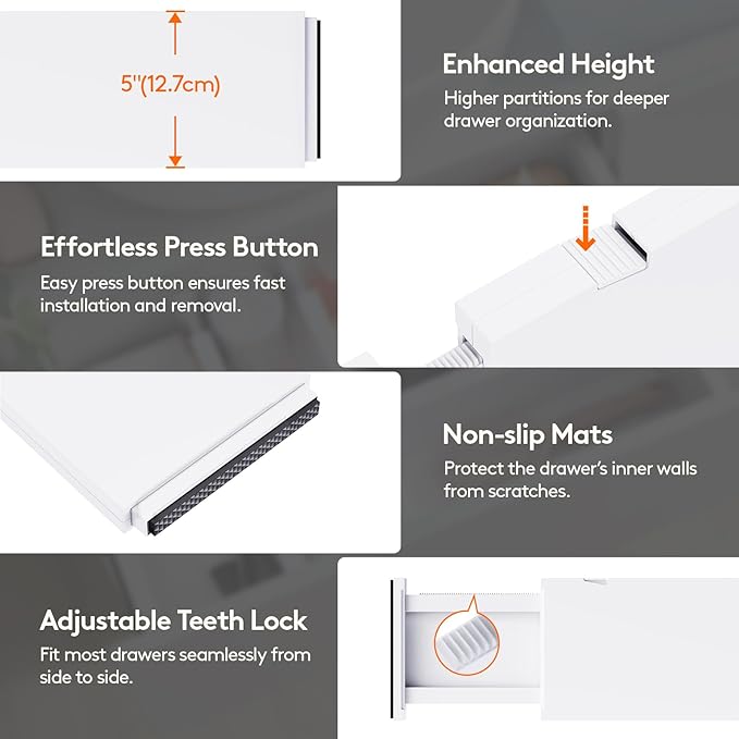 Lifewit 8 Pack 5" High Drawer Dividers 34-56cm/13.5-22" Adjustable Drawer Organizer for Clothes/Utensils, Expandable Drawer Separator in Dresser/Kitchen/Bedroom/Office Organization & Storage White
