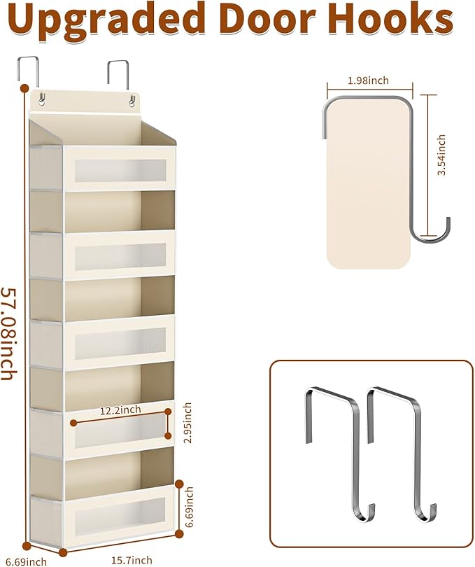 Over The Door Organizer with 5 Large Pockets, Over the Door Storage 10 Side Pocket 44 lb Load Behind Door Storage, Closet Door Organizer Hanging Shelf for Wall Bathroom Bedroom Nursery, 5-Tier Beige
