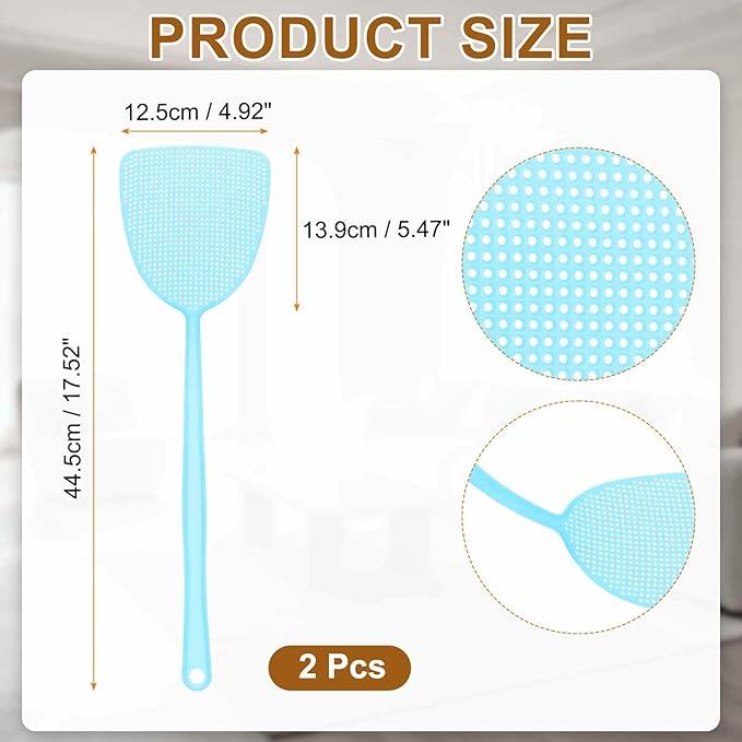 HARFINGTON 2pcs Fly Swatter 5.5"x4.9" Plastic Manual Heavy Duty Long Handle Fly Swatter for Home Indoor Outdoor, Blue