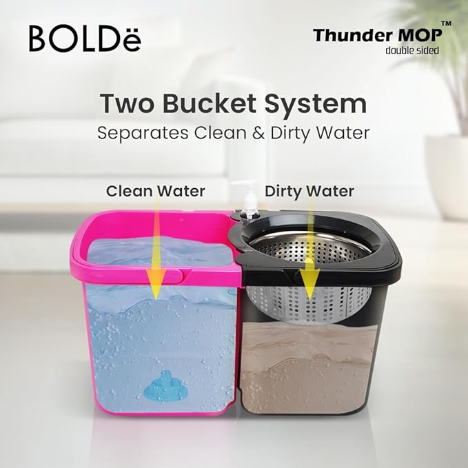 Thunder Mop Spin System - Double-Sided - 2 Compact Stackable 6L Buckets, Microfiber Head, Stainless Steel Wringer, Antifungal Quick-Dry Cleaning, Soap Dispenser, 3 Free Refills (Yellow/Blue)