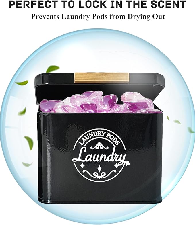 Laundry Pods Holder with Hinged Lid, Farmhouse Space-Saving Metal Container for Laundry Room Decor Organization and Storage, Detergent Dispenser for Efficient Laundry Room Use-Black