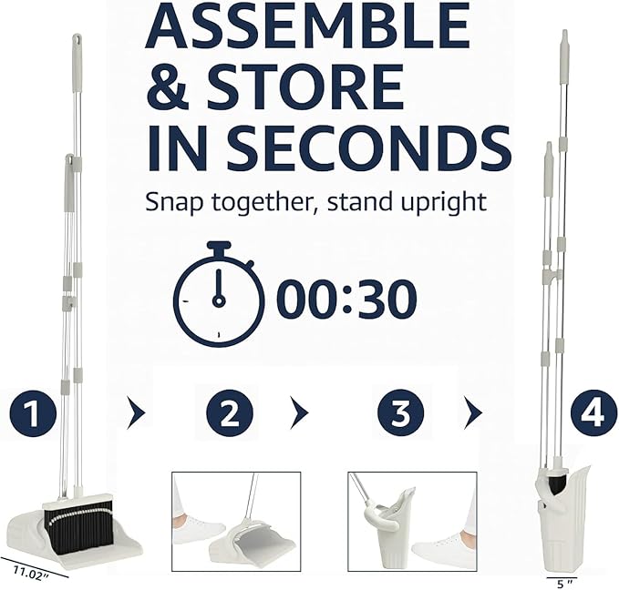 Broom and Dustpan Set for Home, Long Handle Upright Broom Dustpan Combo with Self Cleaning Dustpan Teeth, Standing Sweep Set for Kitchen Office Lobby Garage Floor Indoor Outdoor Cleaning