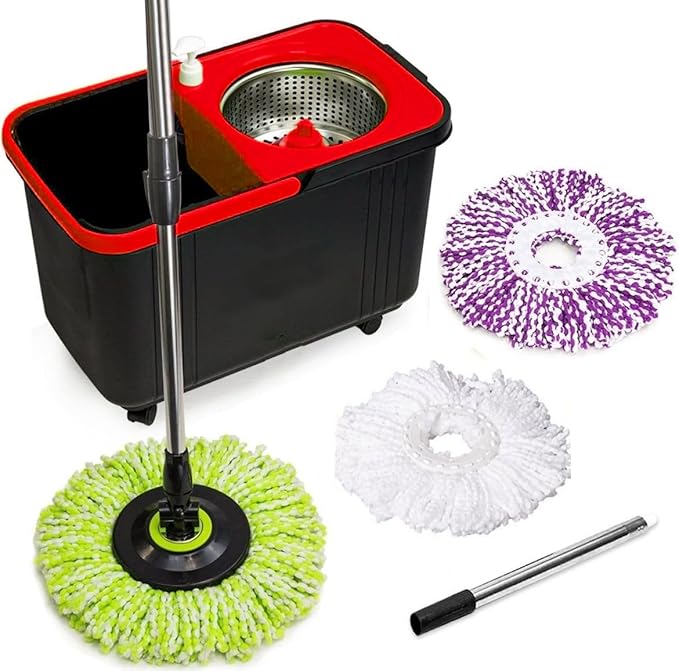 Simpli-Magic 360° Spin Mop and Bucket with Wringer – 3 High-Absorbent Microfiber Washable Heads, Soap Dispenser – Spinning Mop and Bucket Set for All Types Floor Cleaning