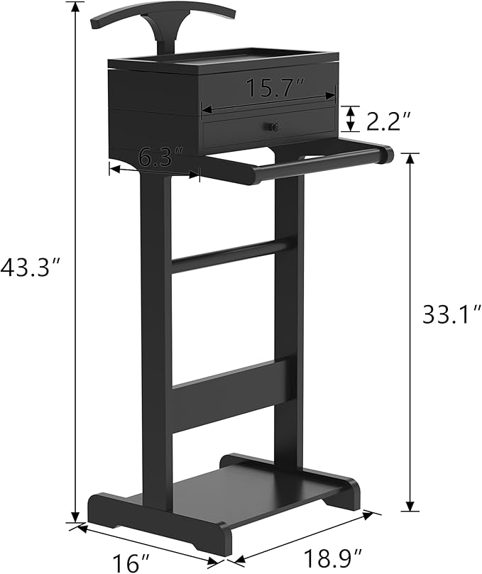 Wooden Valet Stand for Men, Suit Valet Stand with Top Tray, Storage Drawer, Bottom Shoe Rack, Freestanding Clothes Rack for Living Room, Entryway, Bedroom (Black with 2 Storage Drawers)