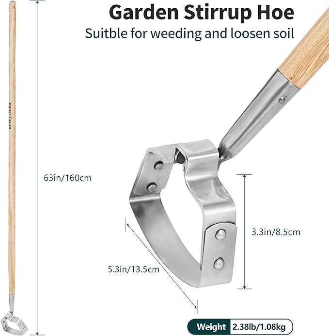 Berry&Bird 63''Garden Weeder Hoe Stainless Steel Hula Weeding Hoe, Action Stirrup Hoe for Gardening Loop Scuffle Hoe with Wooden Long Handle Hand Weeder Tool Push Pull Dutch Hoe Heavy Duty